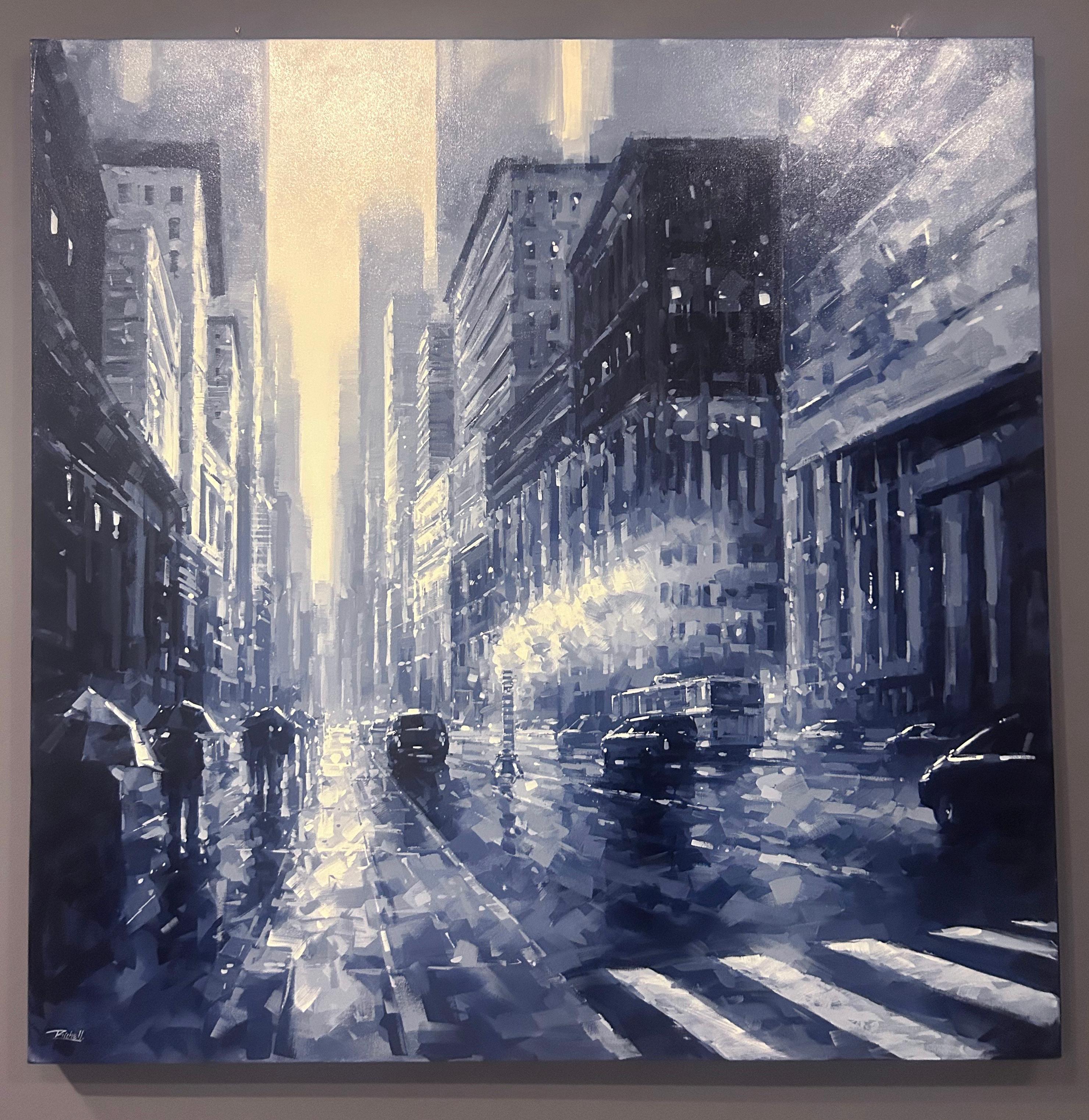 Richell Castellon, Day in the City, peinture de Manhattan, NYC, bleu pluie 48x48 en vente 1