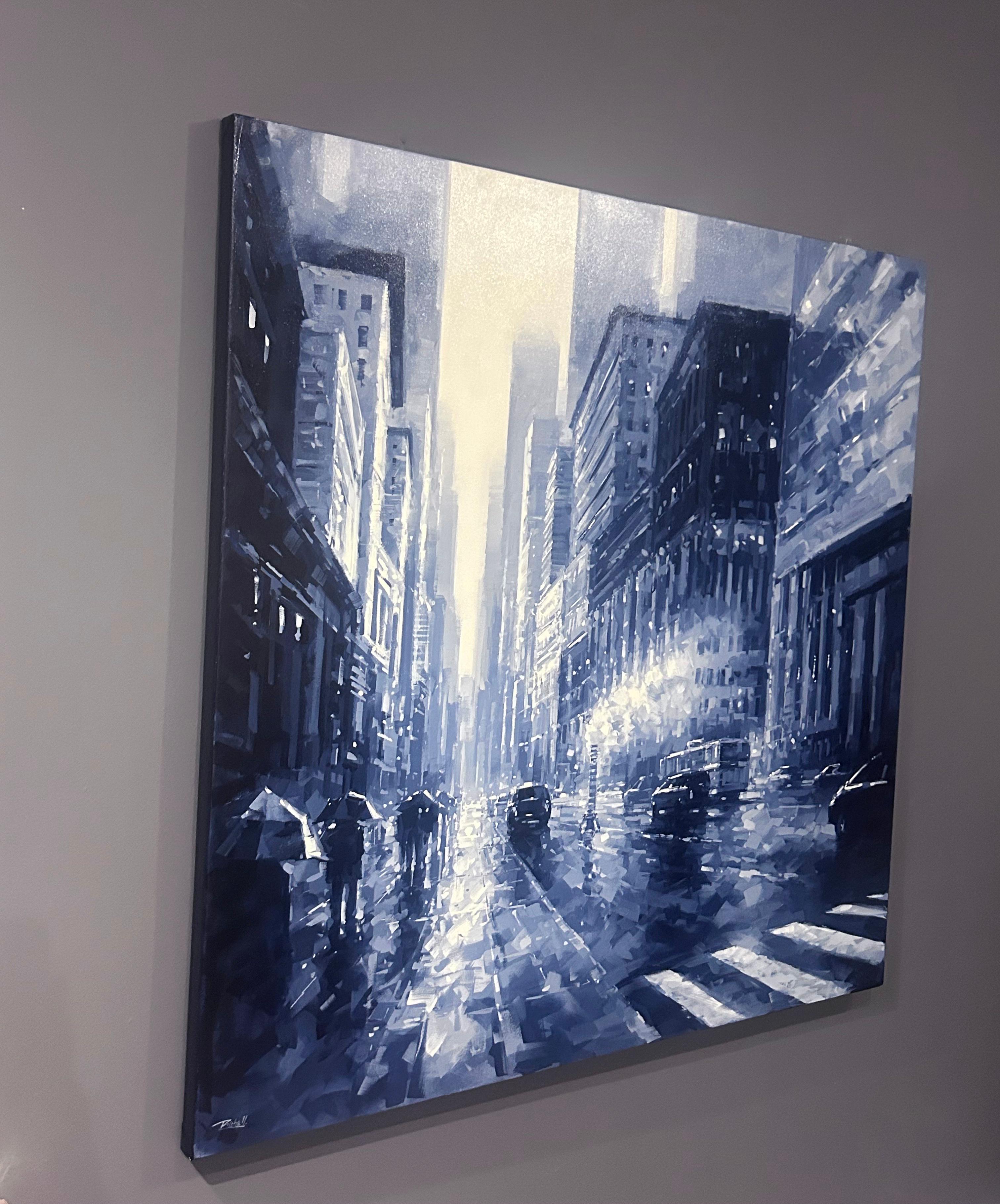 Richell Castellon, Day in the City, peinture de Manhattan, NYC, bleu pluie 48x48 en vente 2