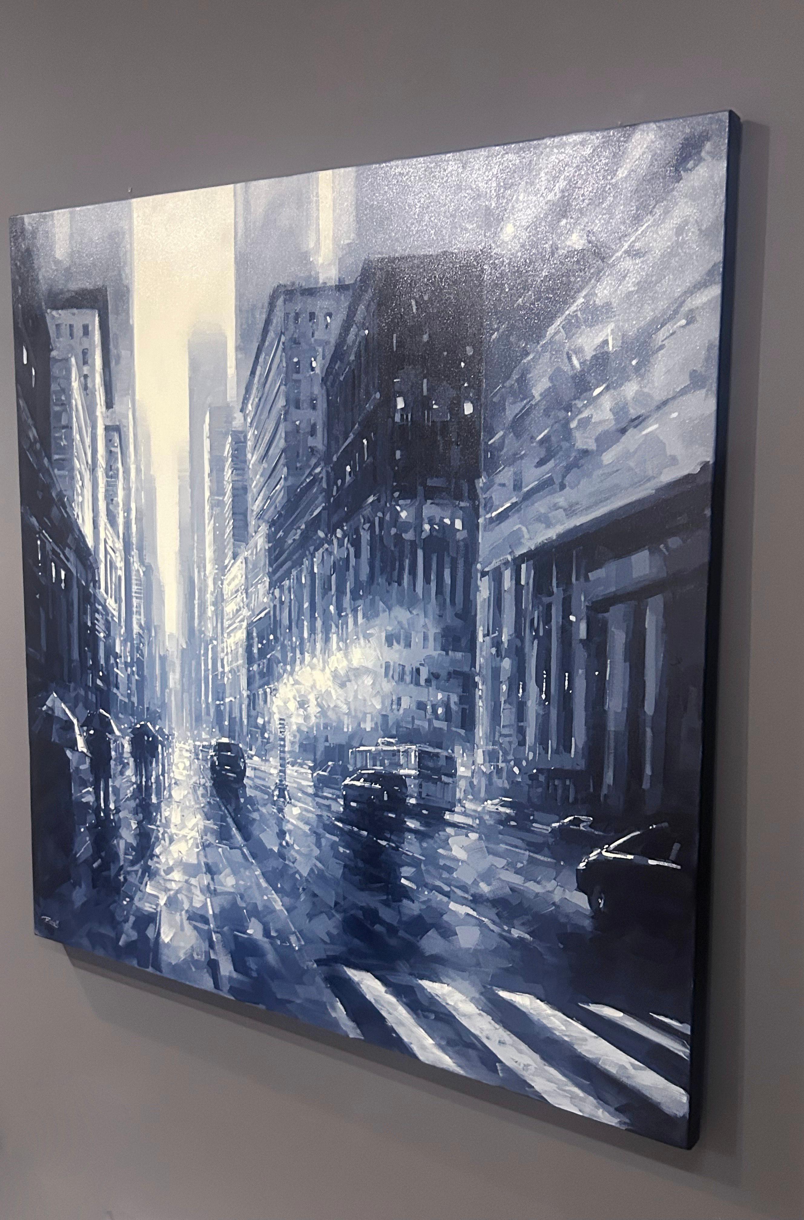Richell Castellon, Day in the City, peinture de Manhattan, NYC, bleu pluie 48x48 en vente 3