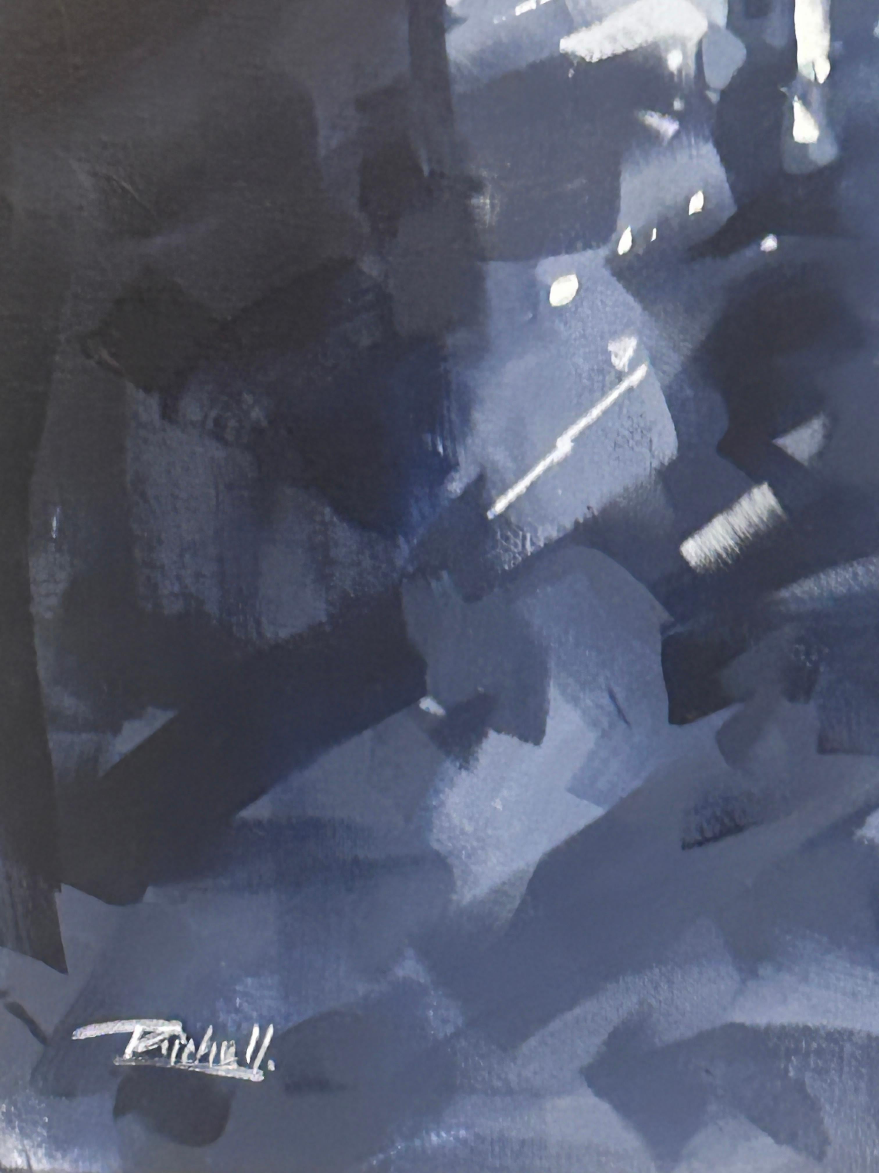 Richell Castellon, Day in the City, peinture de Manhattan, NYC, bleu pluie 48x48 en vente 5