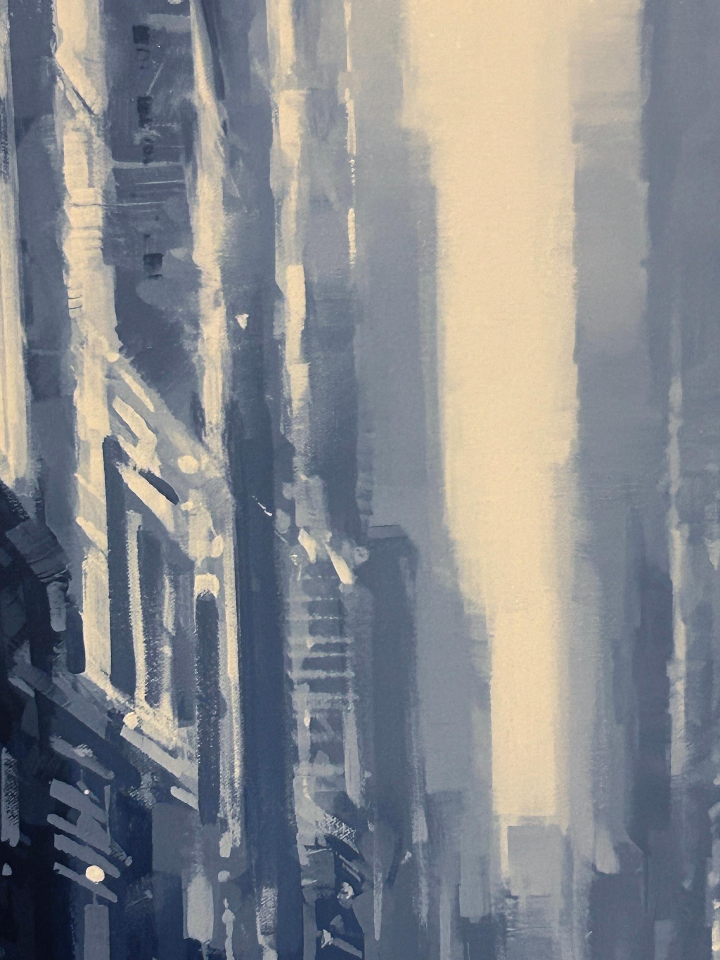 Richell Castellon, Day in the City, peinture de Manhattan, NYC, bleu pluie 48x48 en vente 6