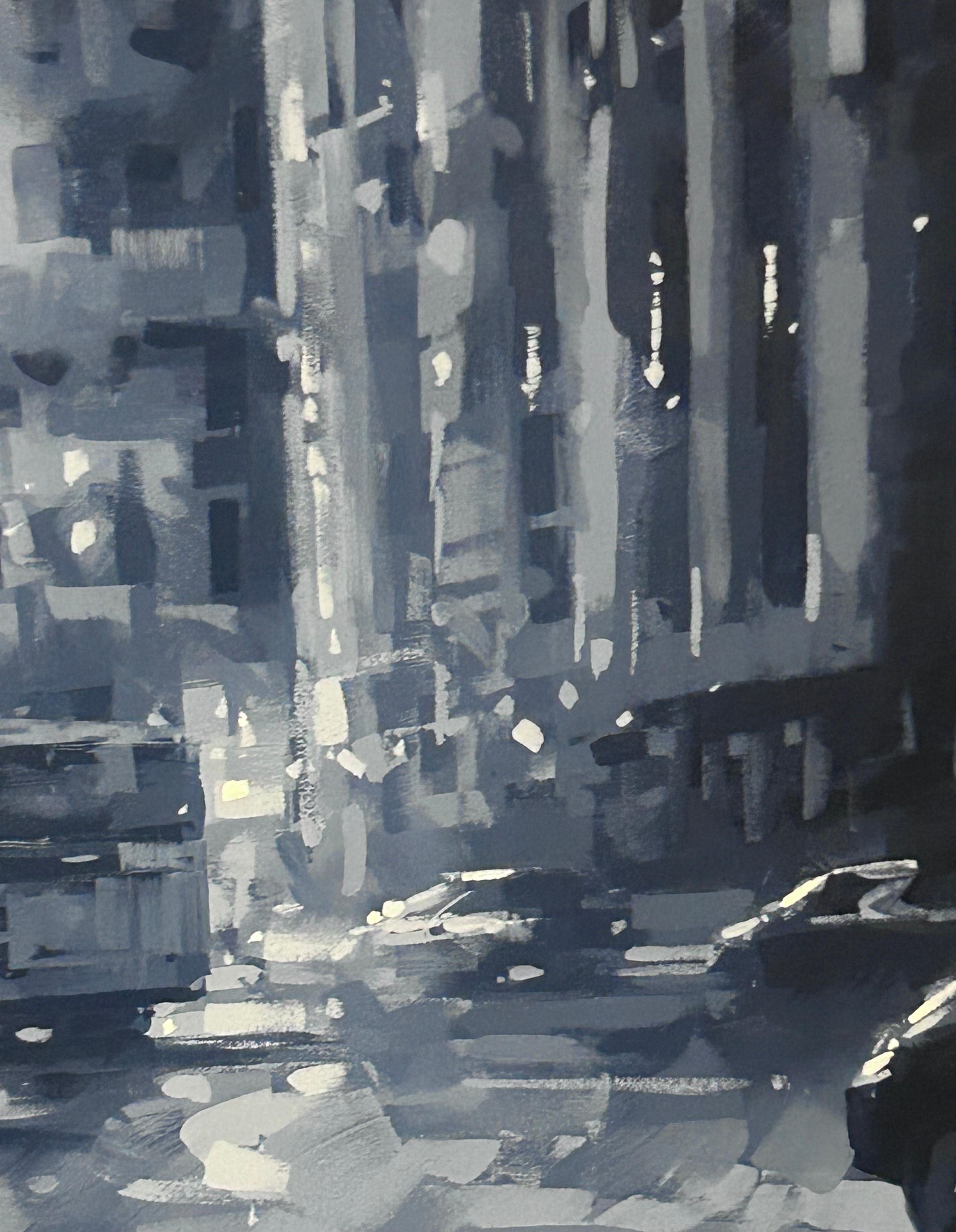 Richell Castellon, Day in the City, peinture de Manhattan, NYC, bleu pluie 48x48 en vente 7