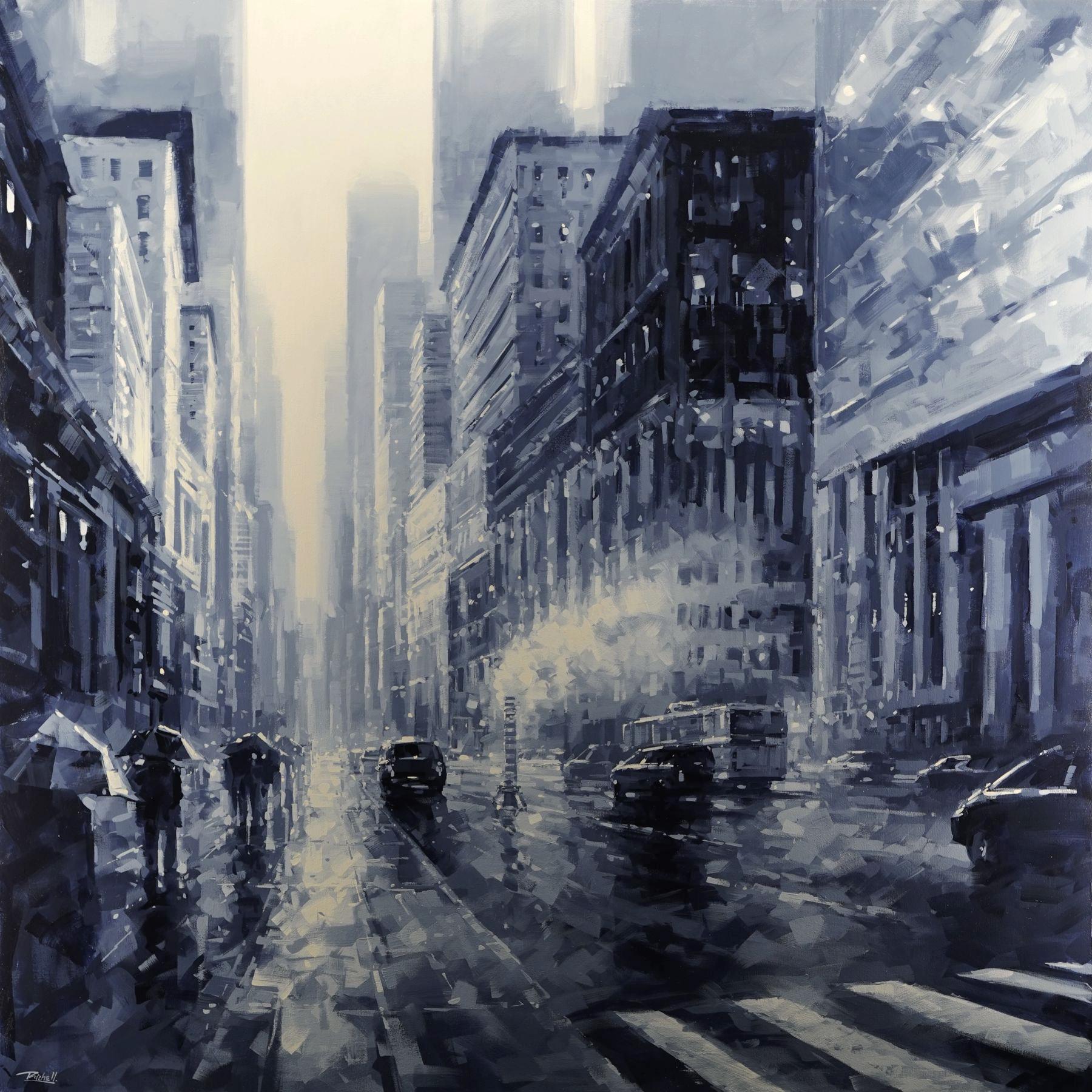 Richell Castellon, "Giorno in città" 48x48 Quadro Manhattan NYC blu pioggia