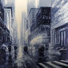 Richell Castellon, "Day in the City" 48x48 Rainy Blue Manhattan NYC Painting