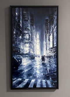Richell Castellon, "Evening in the City", 36x20 Rainy Manhattan NYC Painting