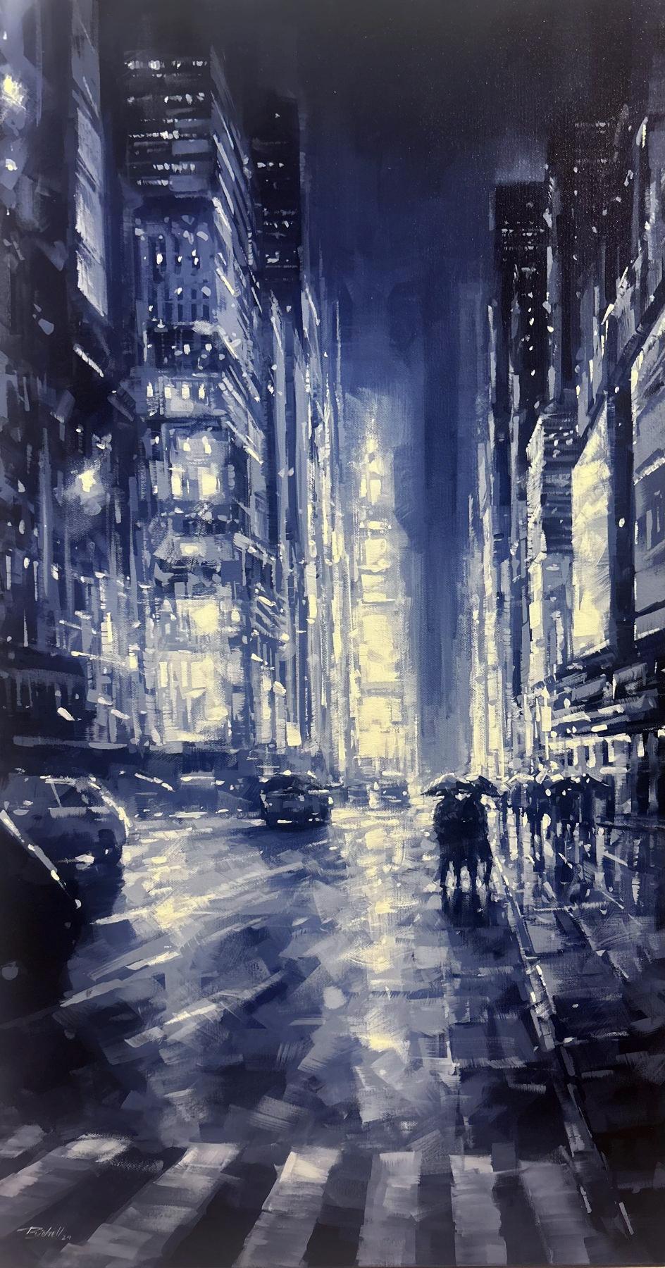 Richell Castellon, "Atardecer en la ciudad", 36x20 Pintura Manhattan lluvioso NYC