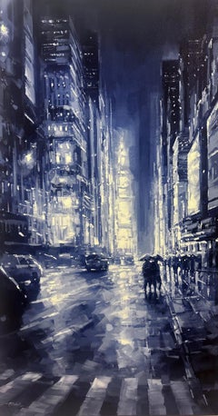 Richell Castellon, "Atardecer en la ciudad", 36x20 Pintura Manhattan lluvioso NYC