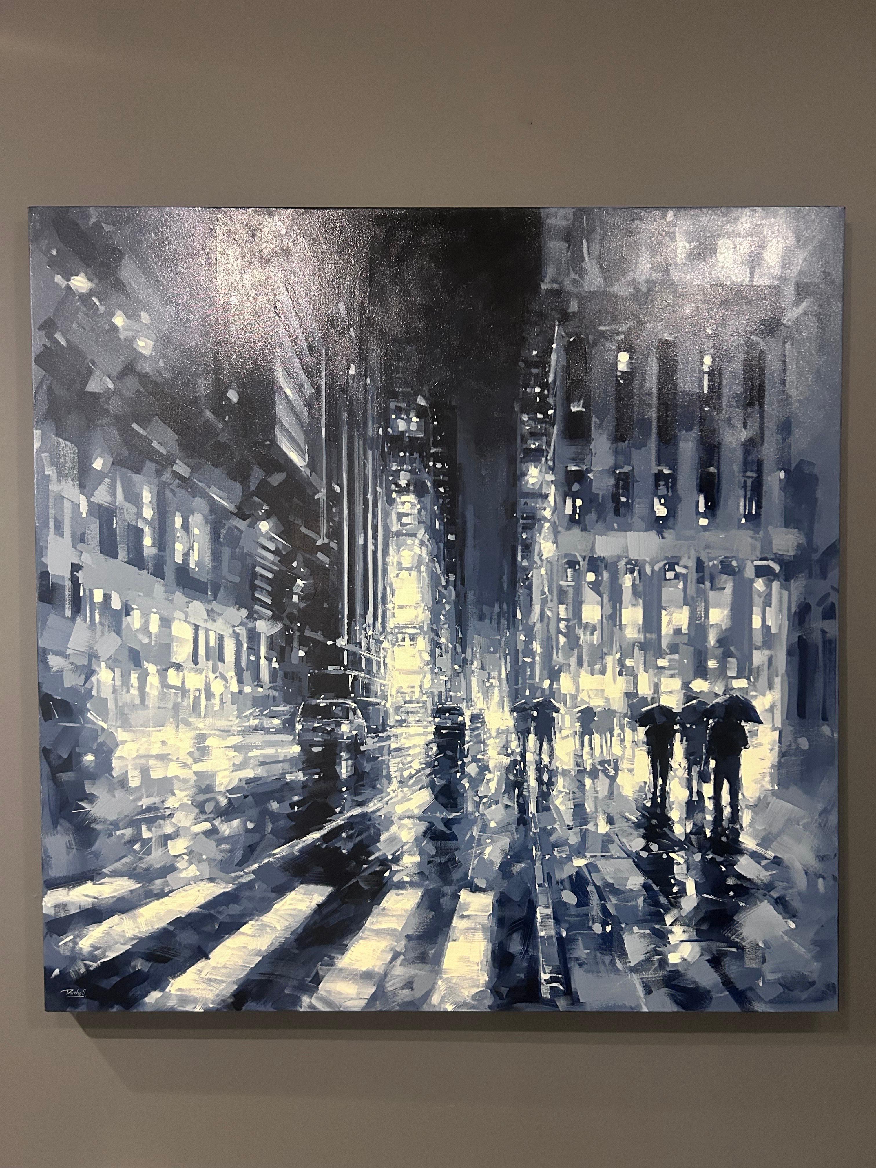 Richell Castellon, „Night in the City“, 48x48, Regenblaues Gemälde in Manhattan, NYC, Gemälde im Angebot 1