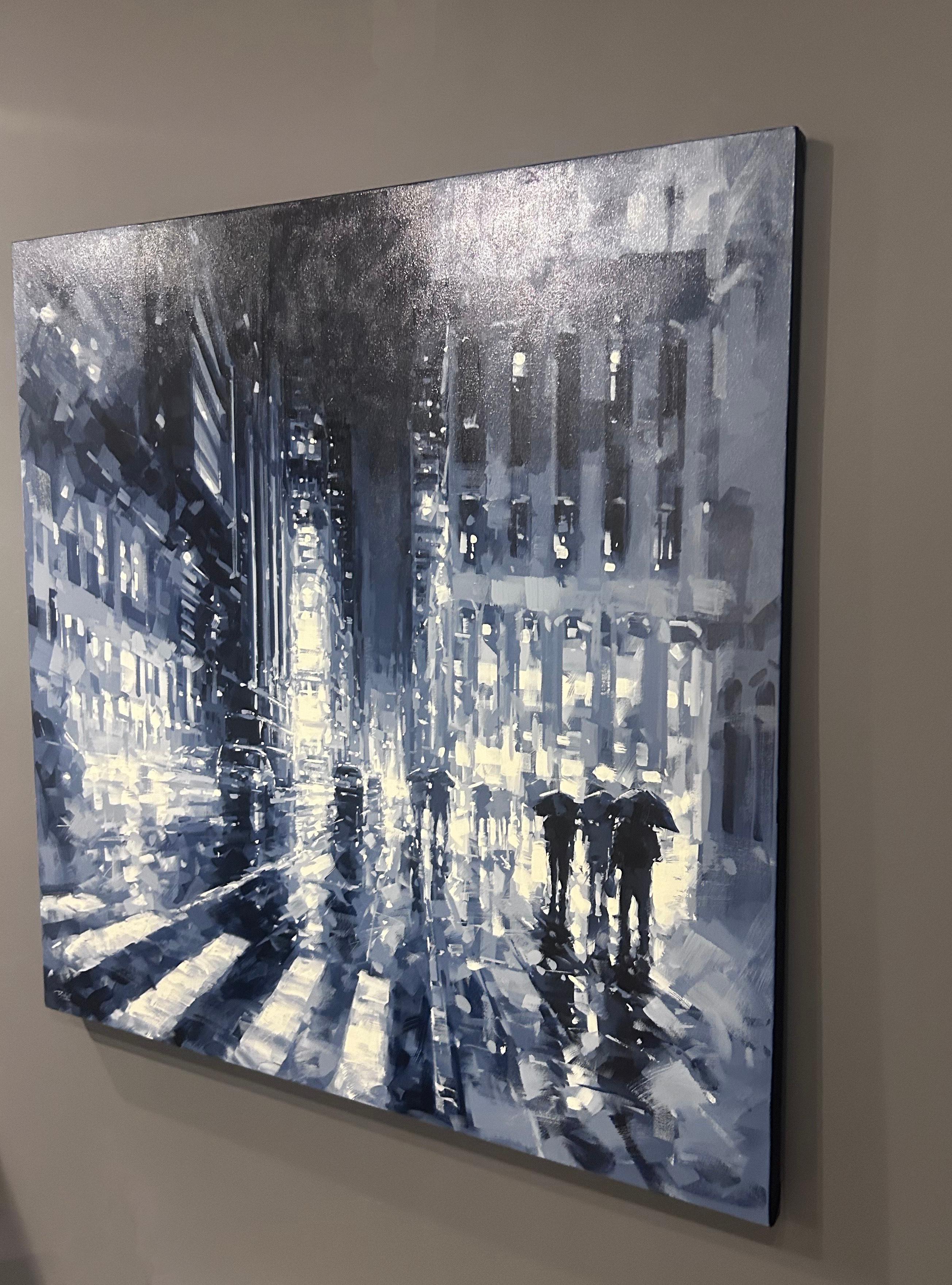 Richell Castellon, „Night in the City“, 48x48, Regenblaues Gemälde in Manhattan, NYC, Gemälde im Angebot 2