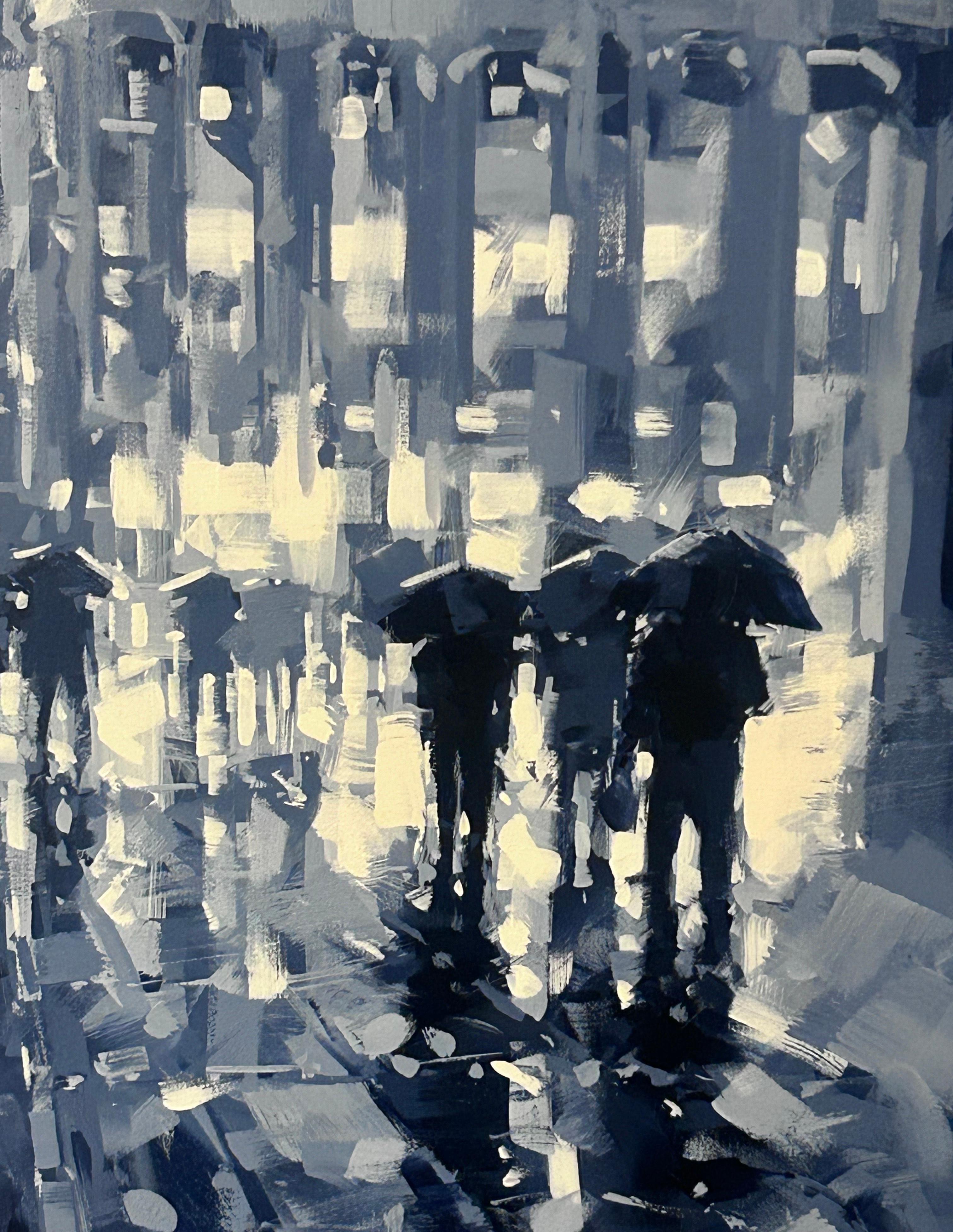 Richell Castellon, „Night in the City“, 48x48, Regenblaues Gemälde in Manhattan, NYC, Gemälde im Angebot 4