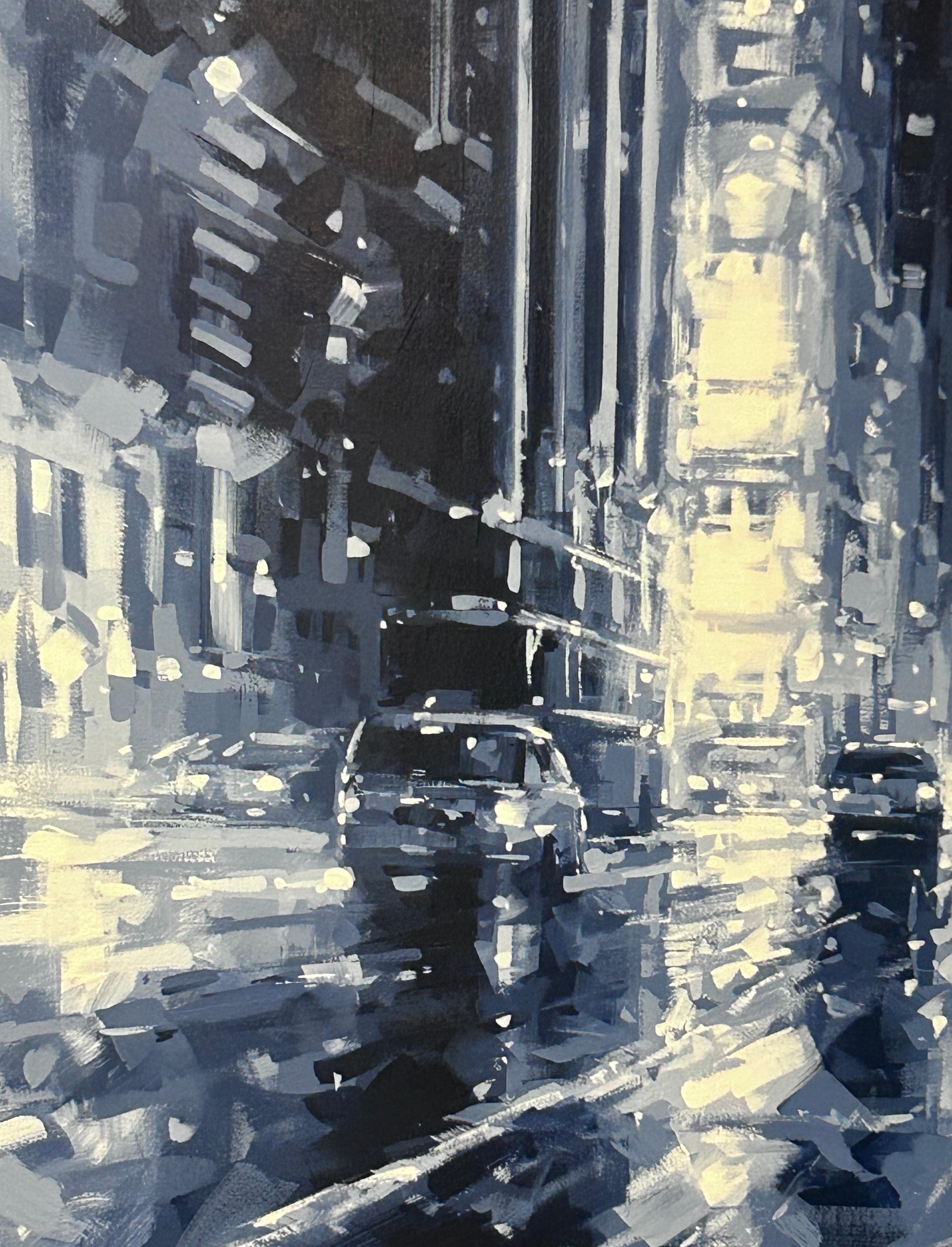 Richell Castellon, „Night in the City“, 48x48, Regenblaues Gemälde in Manhattan, NYC, Gemälde im Angebot 5
