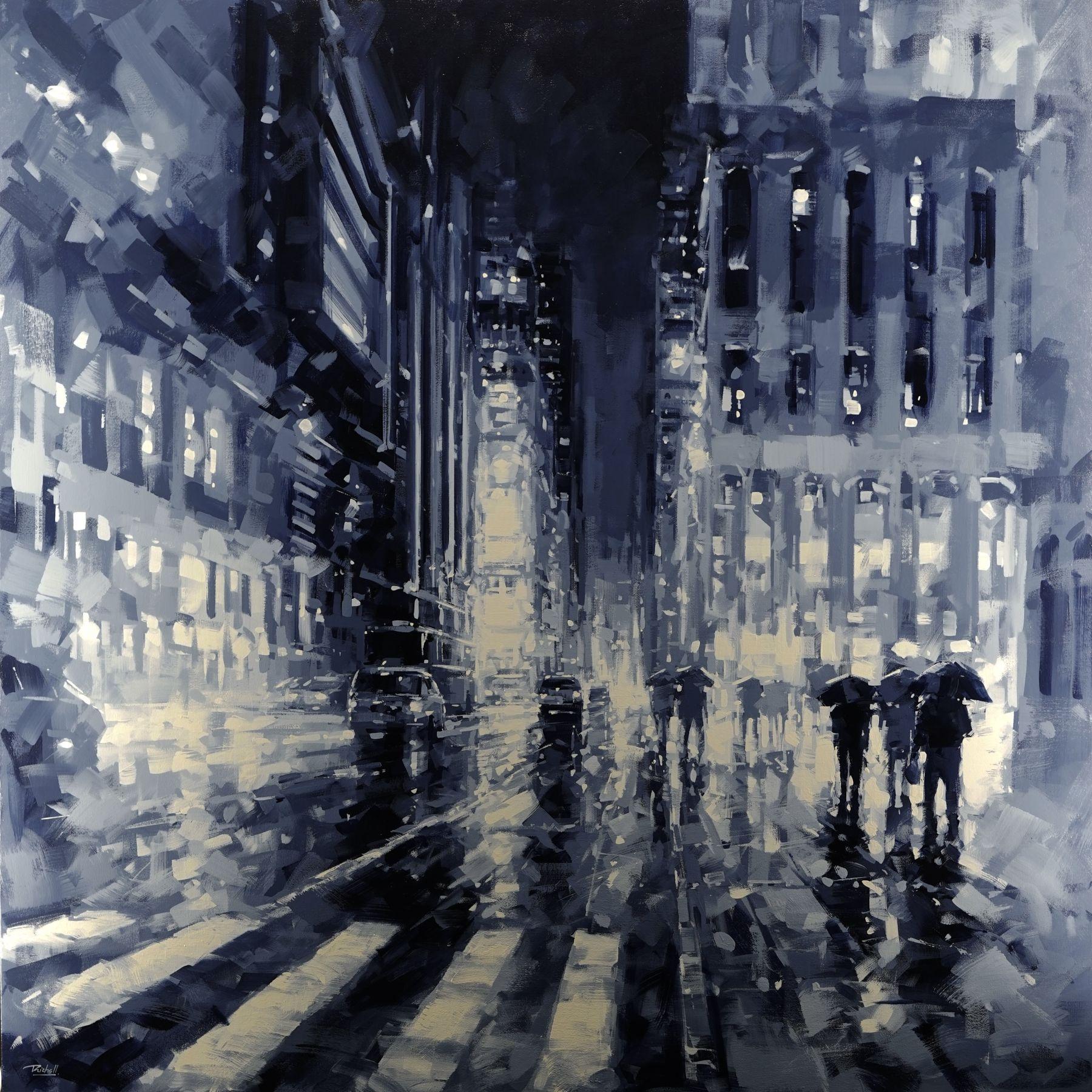 Richell Castellon, "Notte in città" 48x48 Quadro Manhattan NYC blu pioggia