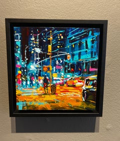 Richell Castellon, "Nightlife" 6x6 Colorful Exciting Manhattan NYC Painting