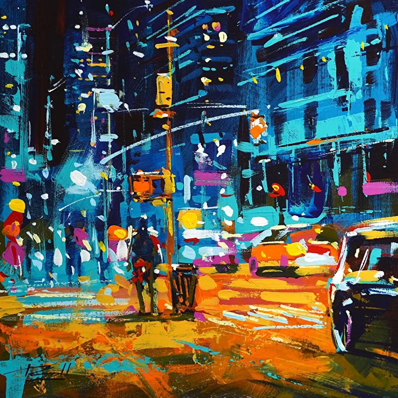 Richell Castellon, „Nightlife“ – 6x6, farbenfrohes, mitreißendes Gemälde von Manhattan, NYC