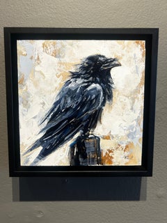 Richell Castellon, "Noble Raven" 6x6 Black Bird Corvid Crow Perched Painting
