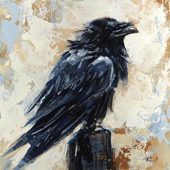 Richell Castellon, "Noble Raven" 6x6 Black Bird Corvid Crow Perched Painting