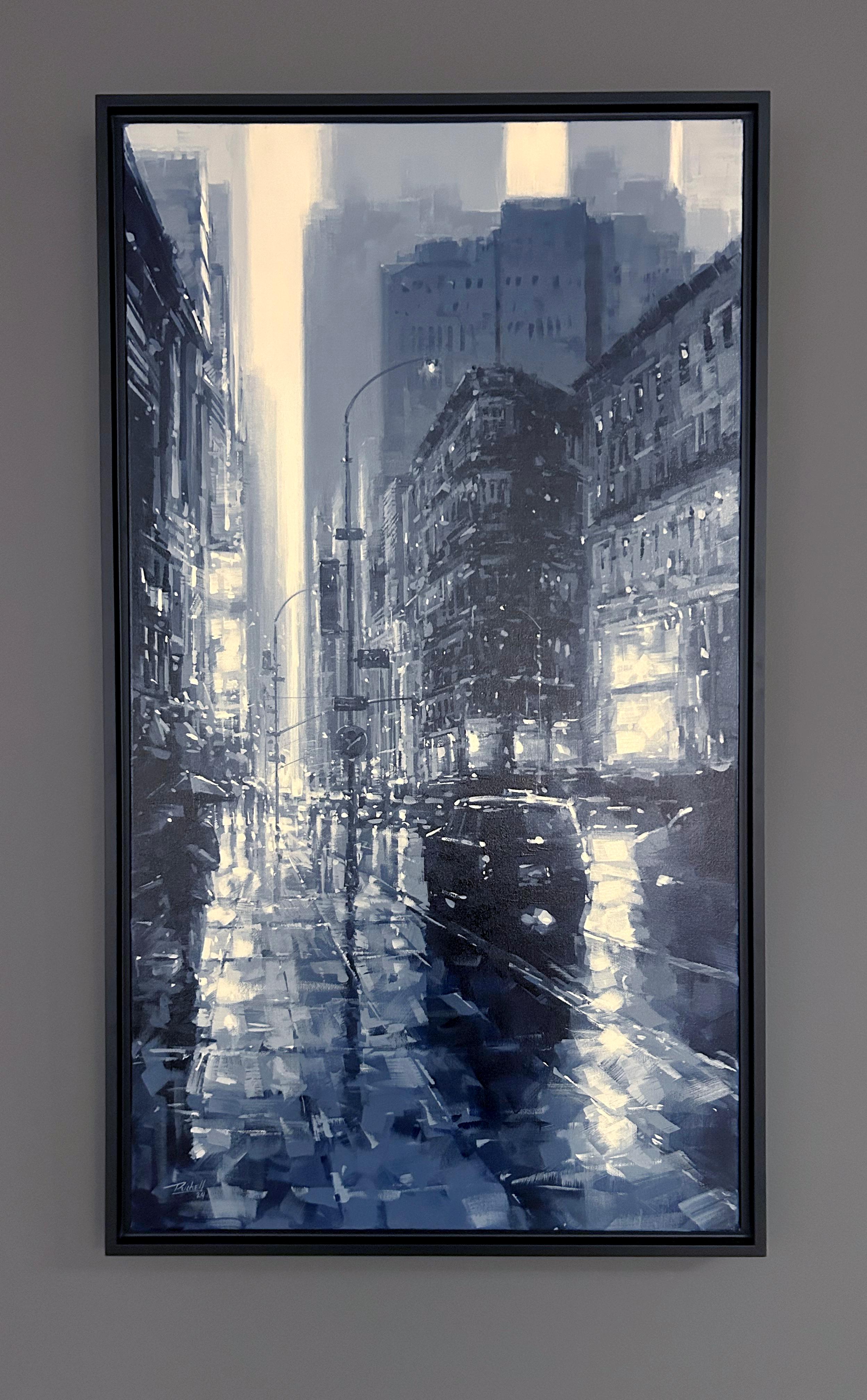 Richell Castellon, „NYC Walk“, 36x20 Monochromes Manhattan Acrylgemälde, Richell Castellon im Angebot 1