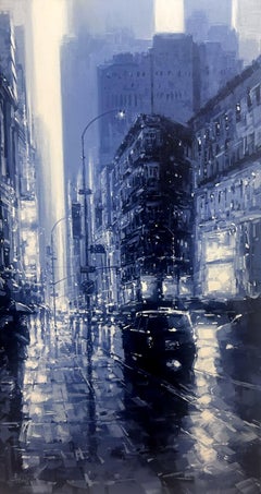 Richell Castellon, "Paseo por NYC", 36x20 Pintura acrílica monocromática de Manhattan