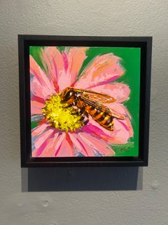 Richell Castellon, « Pollination » : peinture florale aux couleurs vives et pleines de vie représentant une abeille, format 6x6