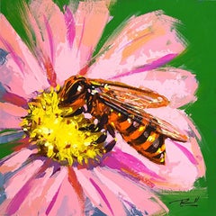 Richell Castellon, « Pollination » : peinture florale aux couleurs vives et pleines de vie représentant une abeille, format 6x6
