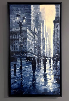 Richell Castellon, "Under the Lamp Light", 36x20 Rainy Manhattan NYC Painting