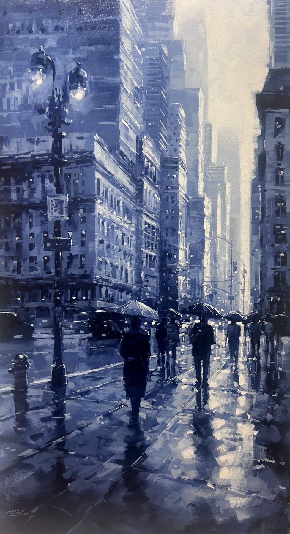 Richell Castellon, "Bajo la luz de la lámpara", 36x20 Pintura NYC Manhattan lluvioso