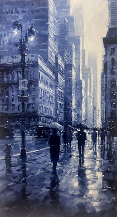 Richell Castellon, "Bajo la luz de la lámpara", 36x20 Pintura NYC Manhattan lluvioso