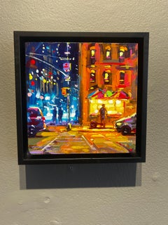 Richell Castellon, "Walking Home" 6x6 Colorful Exciting Manhattan NYC Painting