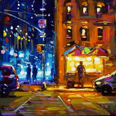 Richell Castellon, "Walking Home" 6x6 Colorful Exciting Manhattan NYC Painting