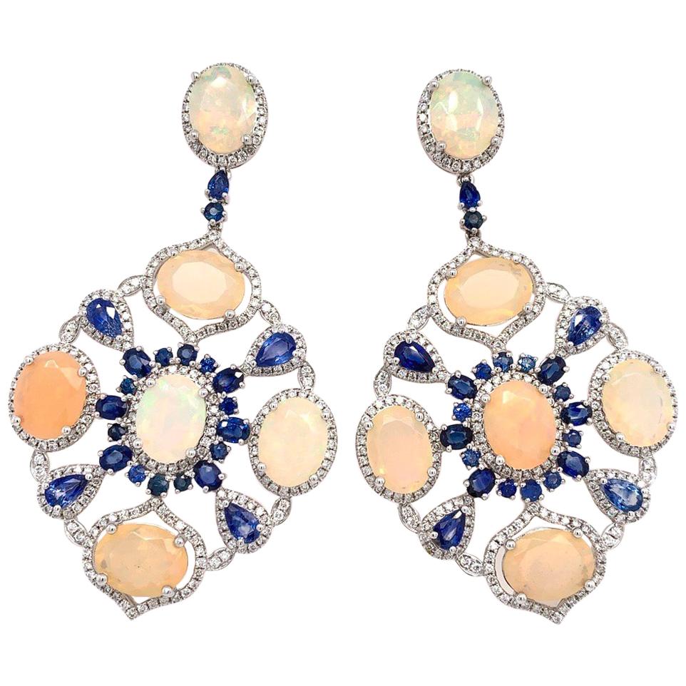 Ruchi New York Ethiopian Opal and Sapphire Baguette Earrings For Sale