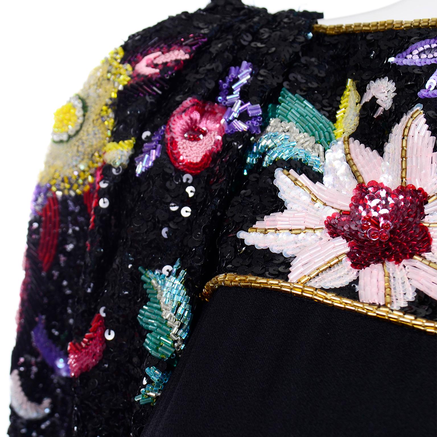 Richilene 1980s Vintage Black Evening Dress Long Gown W Colorful Beads & Sequins 6