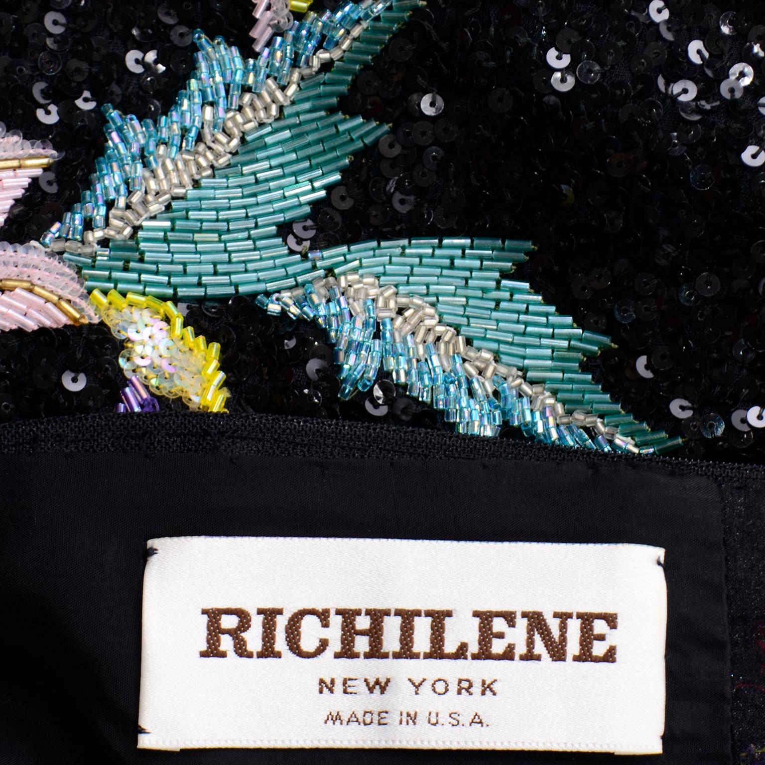 Richilene 1980s Vintage Black Evening Dress Long Gown W Colorful Beads & Sequins 7