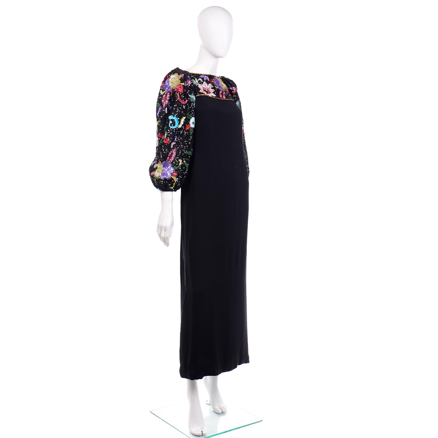 Richilene 1980s Vintage Black Evening Dress Long Gown W Colorful Beads & Sequins In Excellent Condition In Portland, OR