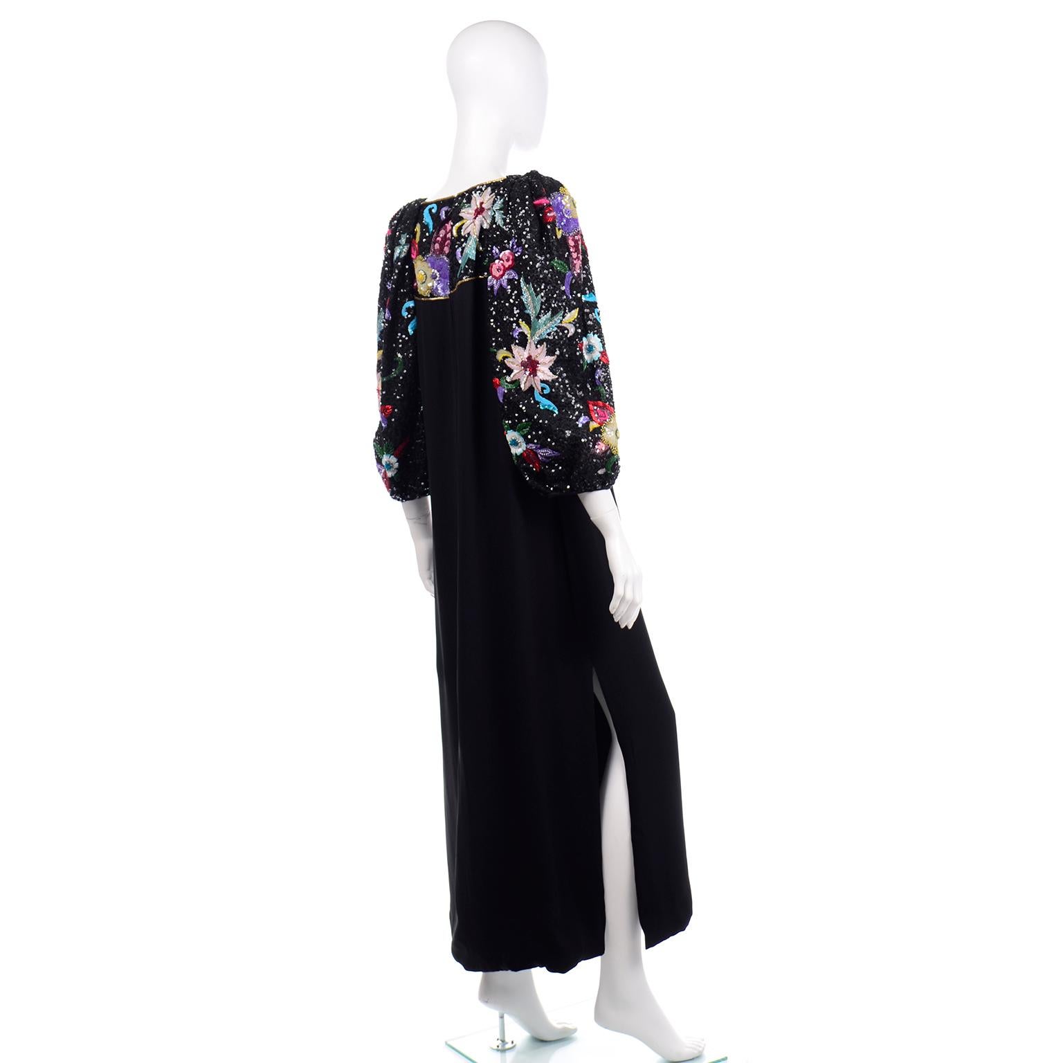 Women's Richilene 1980s Vintage Black Evening Dress Long Gown W Colorful Beads & Sequins