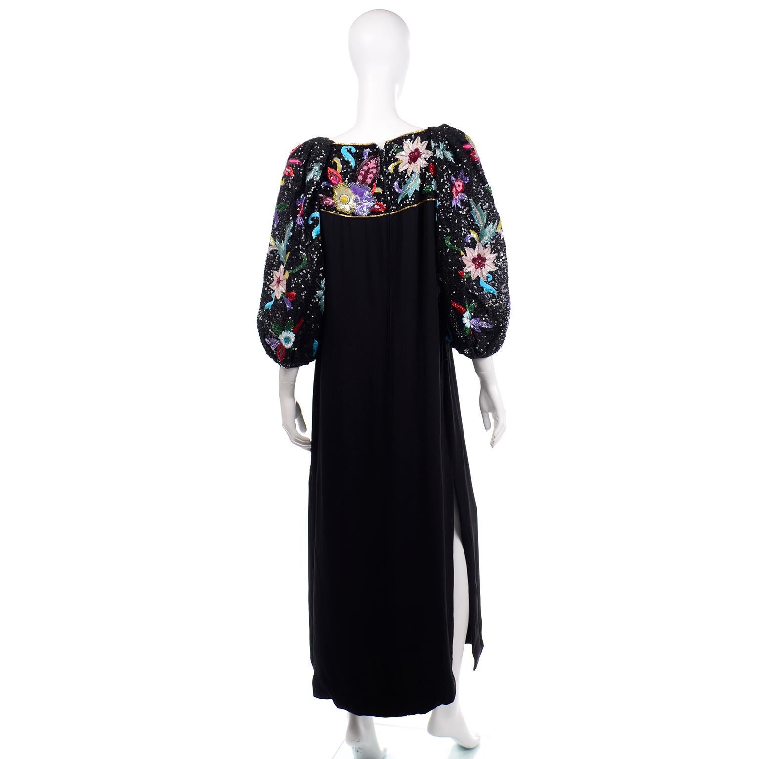 Richilene 1980s Vintage Black Evening Dress Long Gown W Colorful Beads & Sequins 1