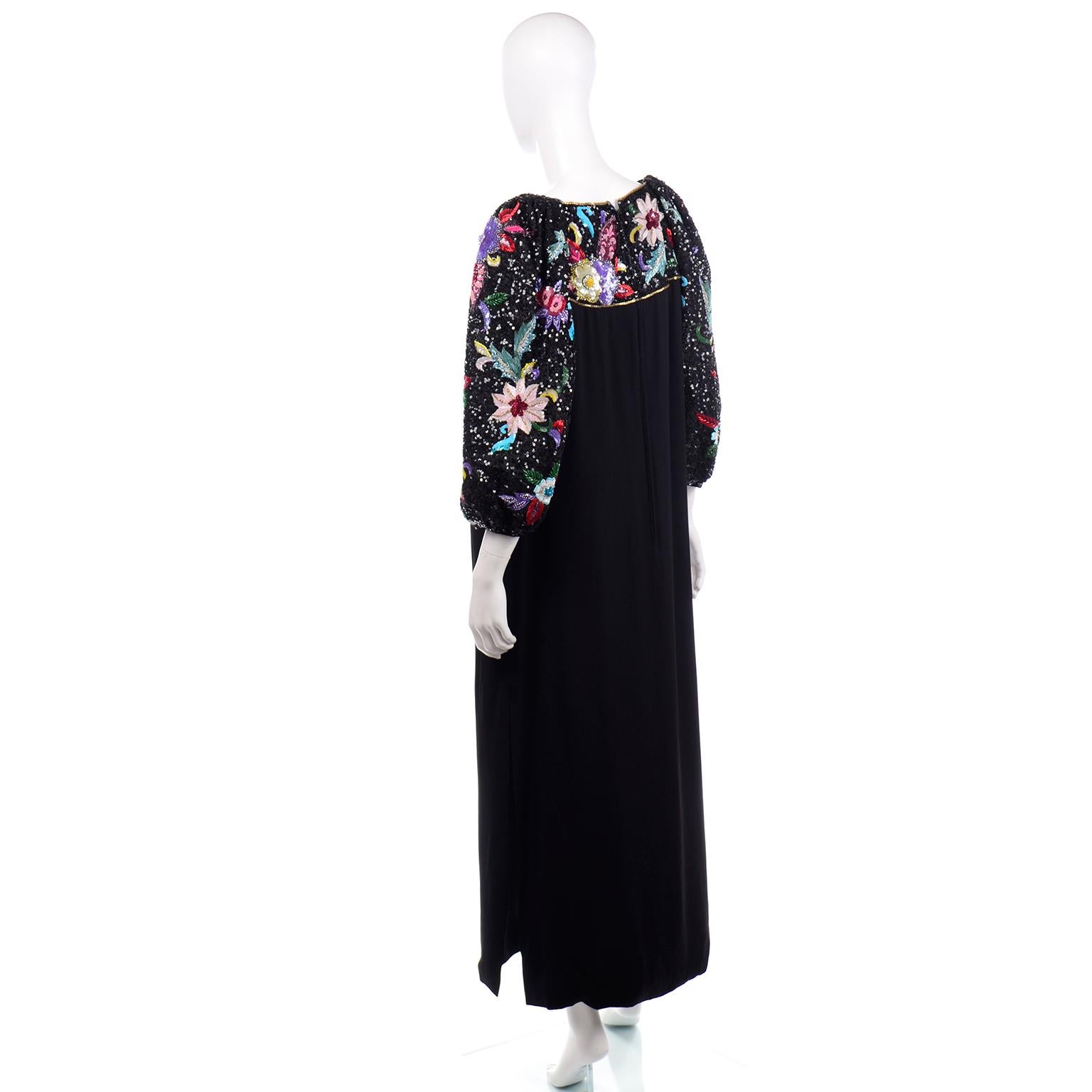 Richilene 1980s Vintage Black Evening Dress Long Gown W Colorful Beads & Sequins 2
