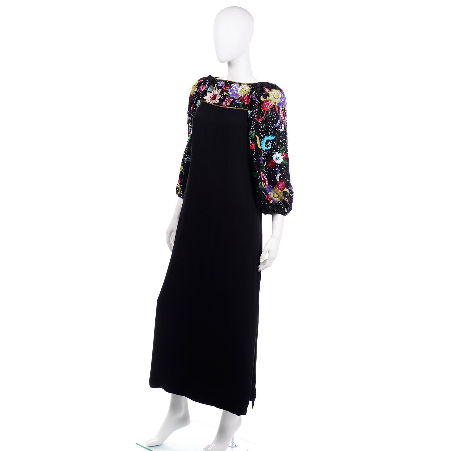 Richilene 1980s Vintage Black Evening Dress Long Gown W Colorful Beads & Sequins 3
