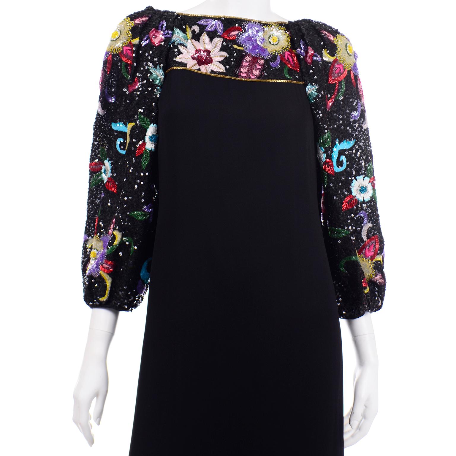 Richilene 1980s Vintage Black Evening Dress Long Gown W Colorful Beads & Sequins 4