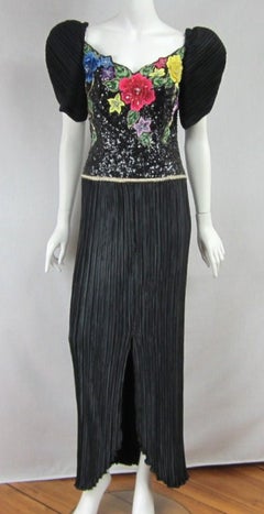 Richilene Black Floral Sequined Sculptured Gown 1990s Plisse pleating