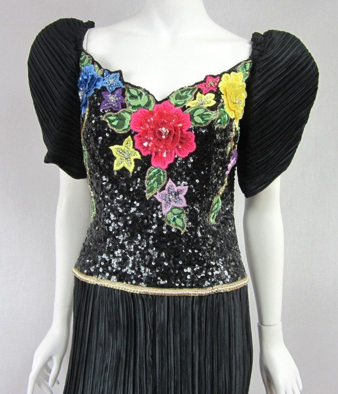 Women's Richilene Black Floral Sequined Sculptured Gown 1990s For Sale