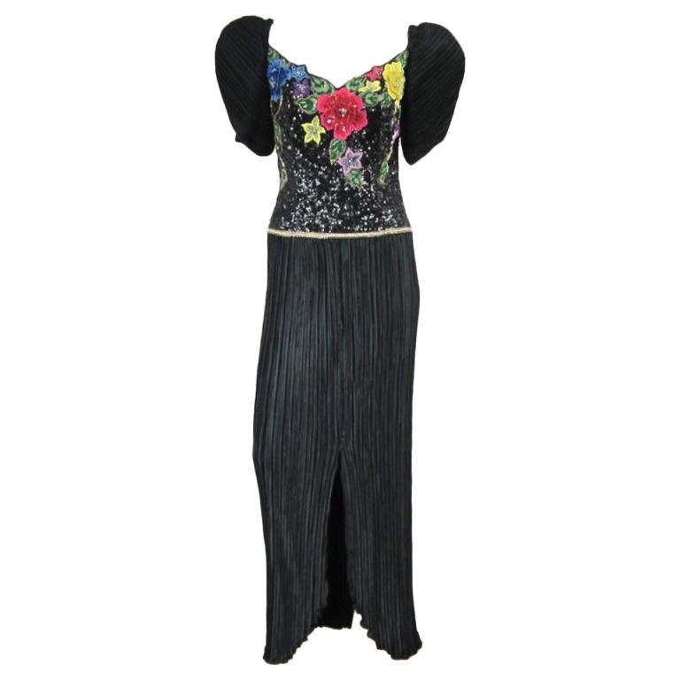Richilene Black Floral Sequined Sculptured Gown 1990s