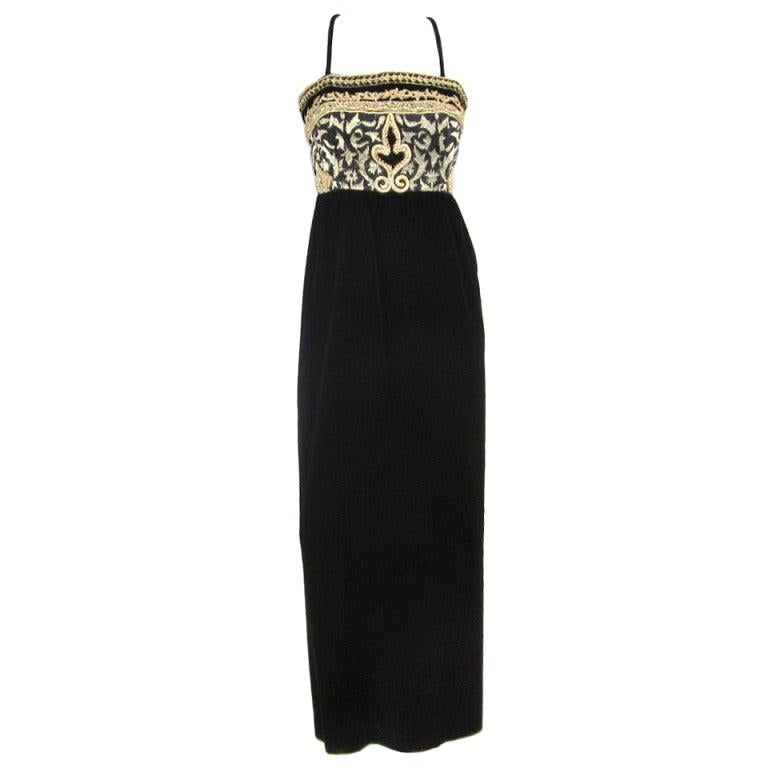 Richilene Black Gold Fleur De Lis Gown 1980s For Sale