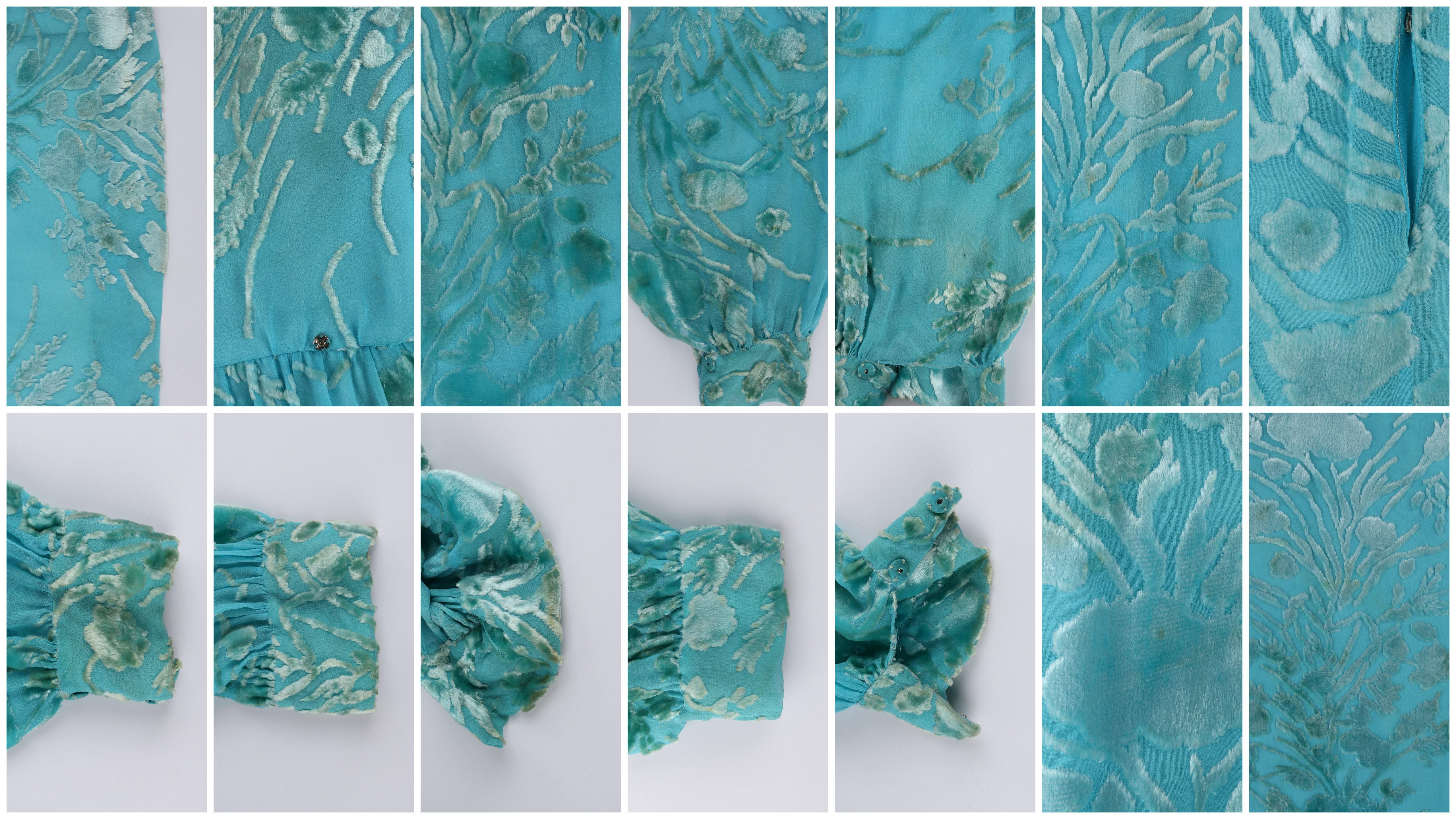 RICHILENE c.1970’s (By Sara Ripault) Aqua Blue Floral Print Belted Maxi Dress 6