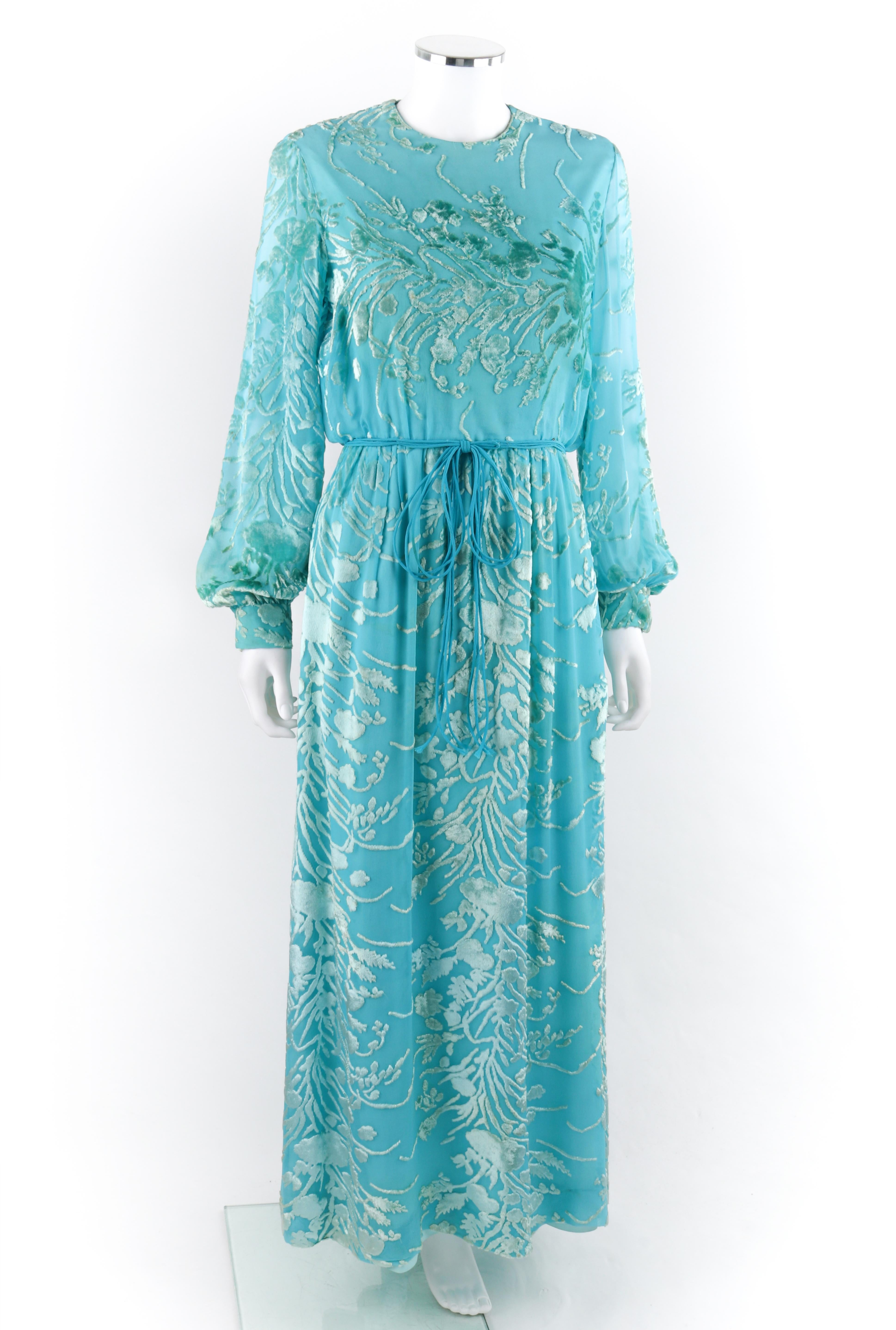 RICHILENE c.1970’s (By Sara Ripault) Aqua Blue Floral Print Belted Maxi Dress In Good Condition In Thiensville, WI