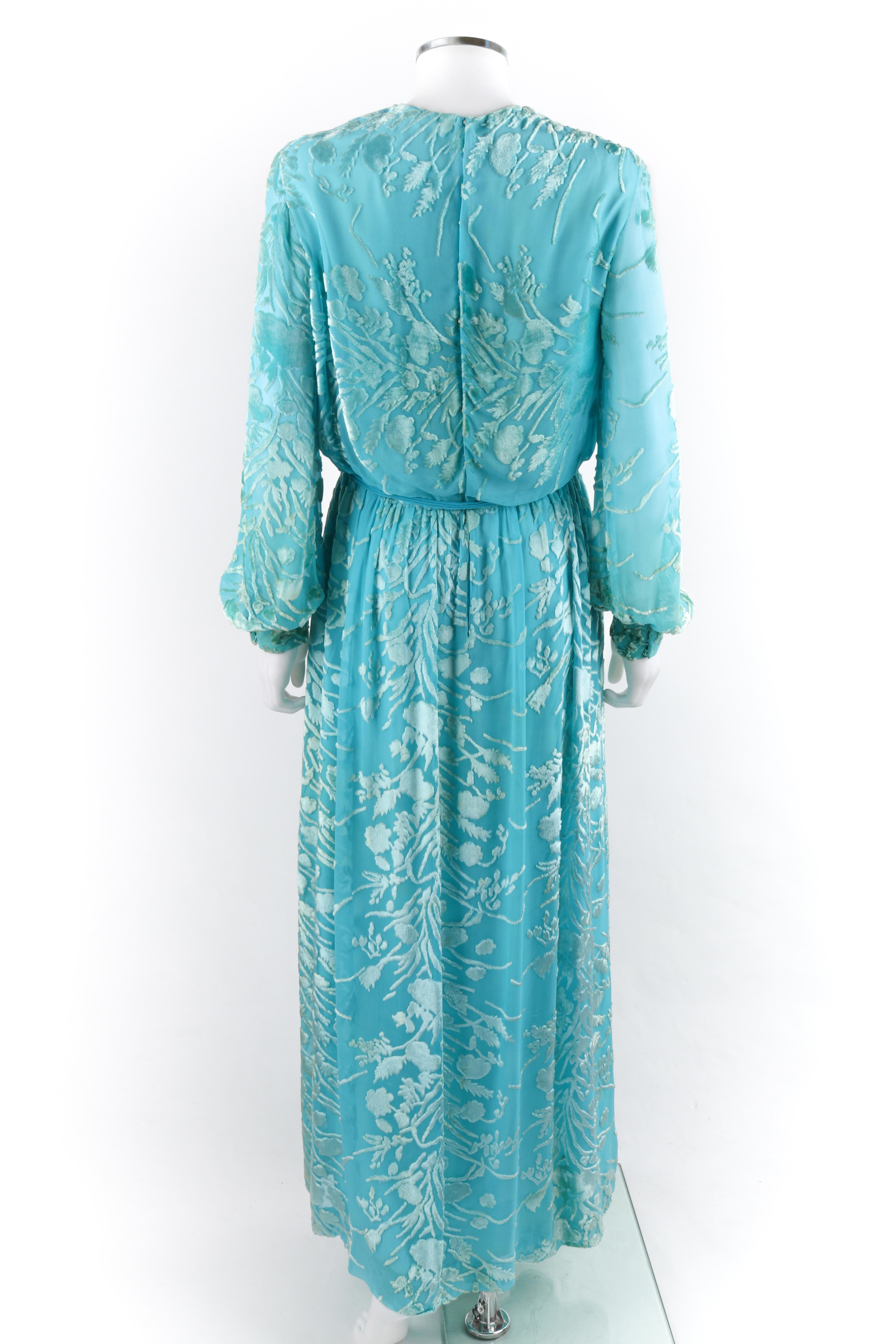RICHILENE c.1970’s (By Sara Ripault) Aqua Blue Floral Print Belted Maxi Dress 1