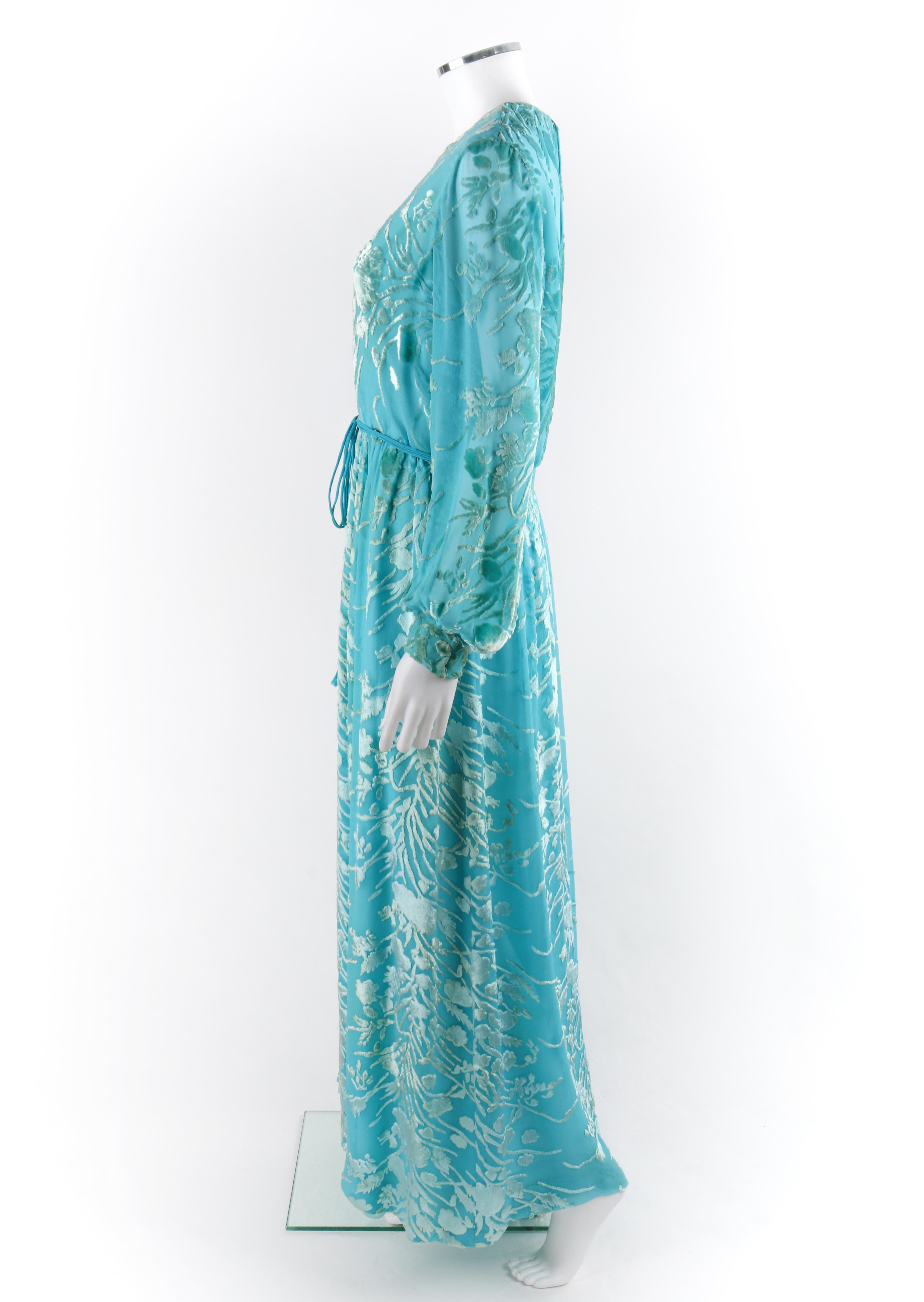 RICHILENE c.1970’s (By Sara Ripault) Aqua Blue Floral Print Belted Maxi Dress 2