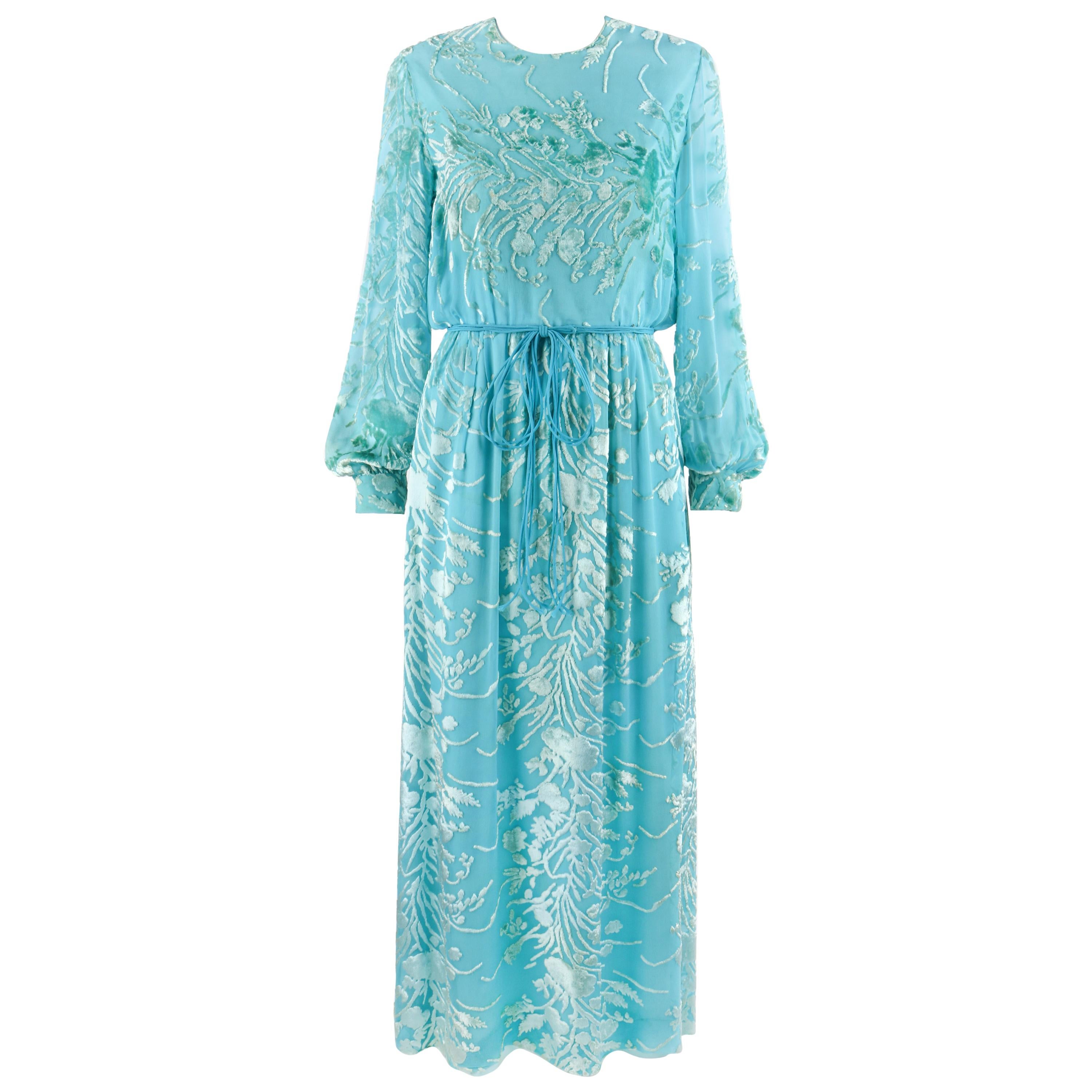 RICHILENE c.1970’s (By Sara Ripault) Aqua Blue Floral Print Belted Maxi Dress