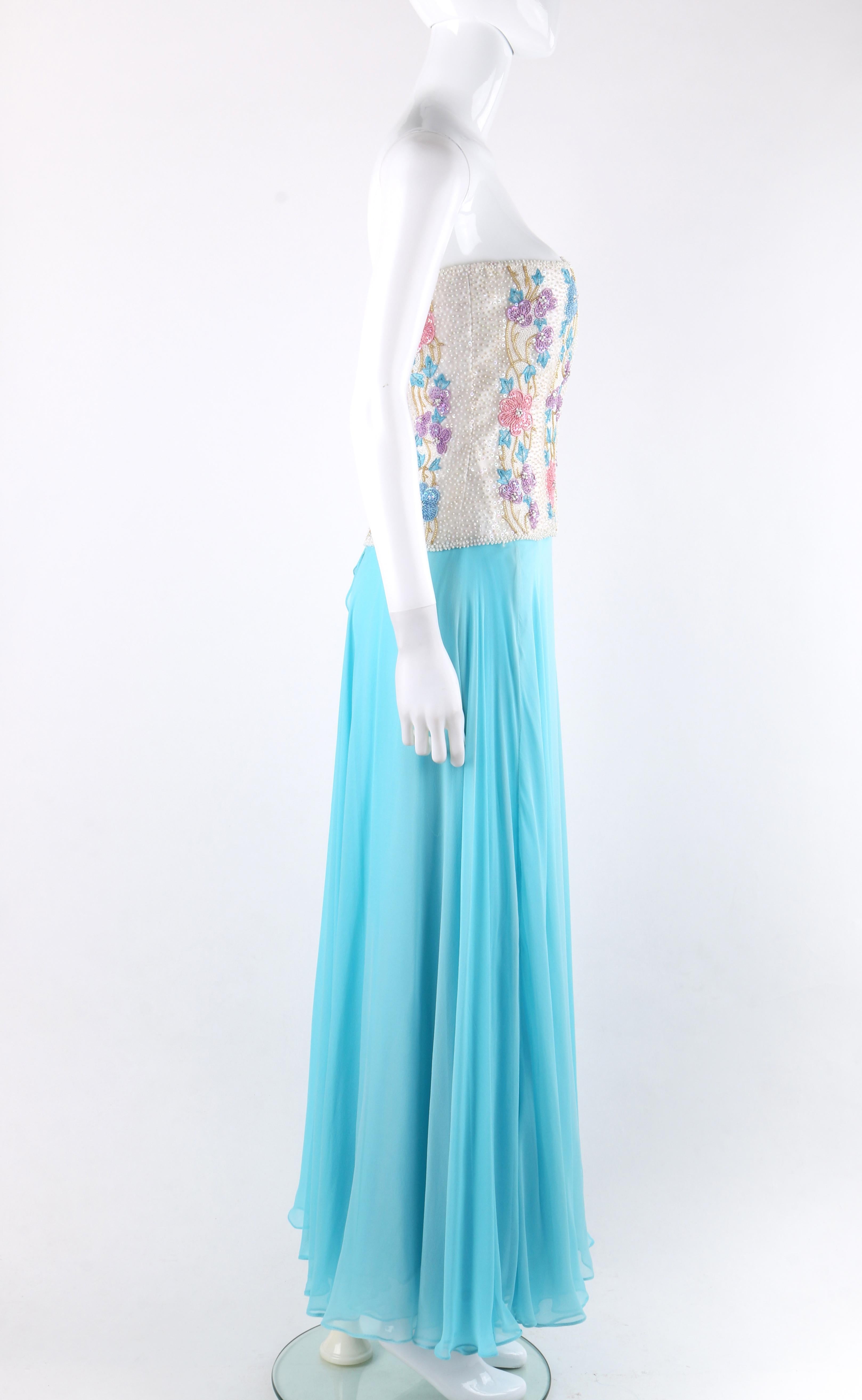 Women's RICHILENE c.1980's Blue Silk Chiffon Floral Bead Embroidery Strapless Dress Gown