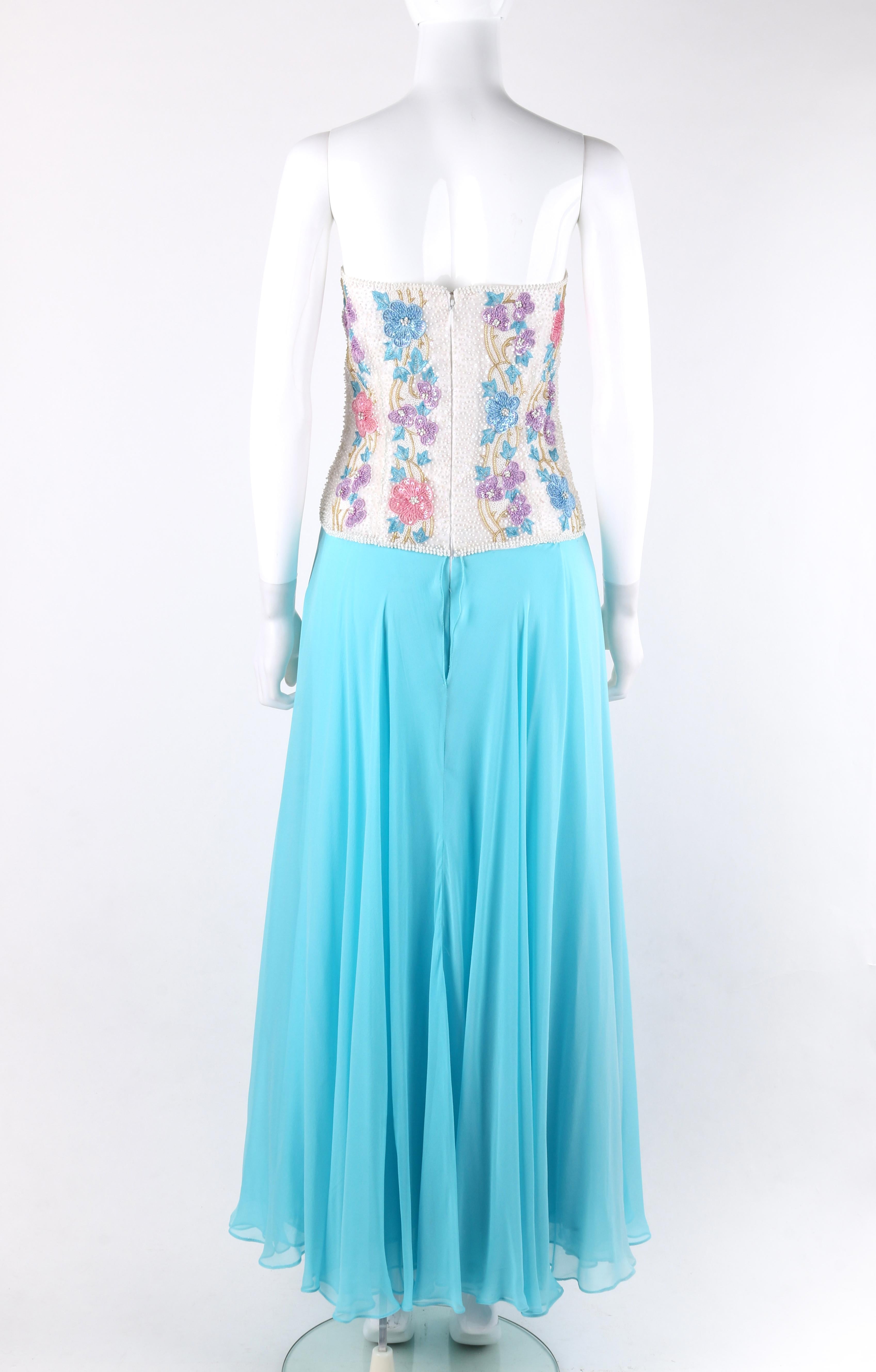 RICHILENE c.1980's Blue Silk Chiffon Floral Bead Embroidery Strapless Dress Gown 1