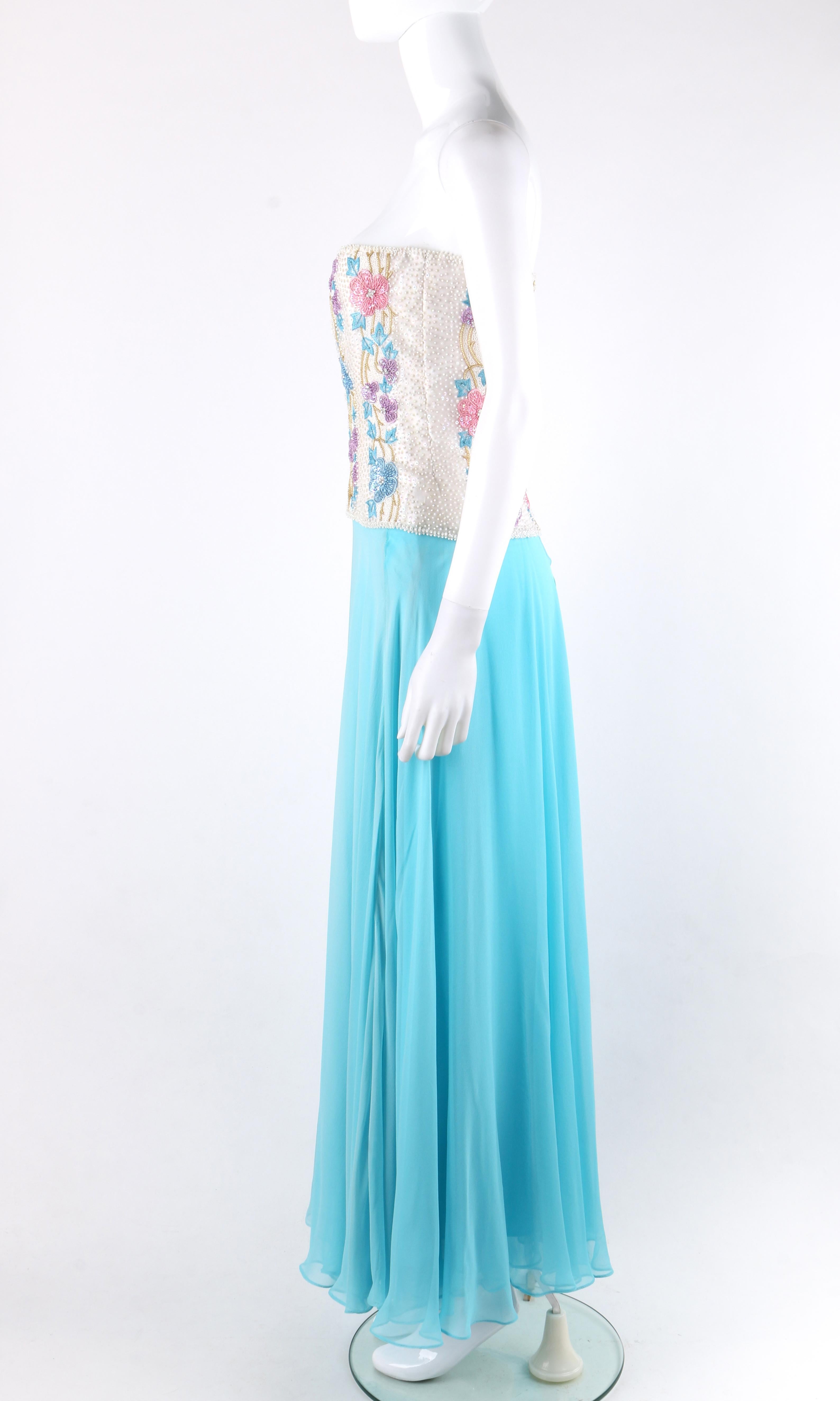 RICHILENE c.1980's Blue Silk Chiffon Floral Bead Embroidery Strapless Dress Gown 2